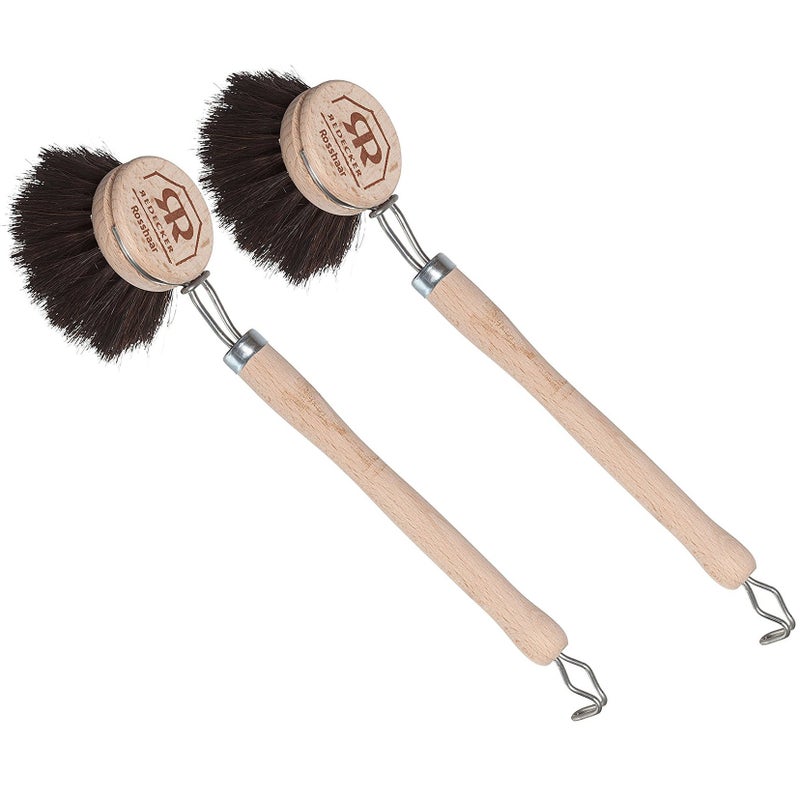 REDECKER German-Made Horse Hair Dish Brush, Soft All-Purpose Scrubber for Kitchen & Household with Strong Horse Hair Bristles, 2 inch Replaceable Brush Head, Set of 2, 9-inches Long - Image 1